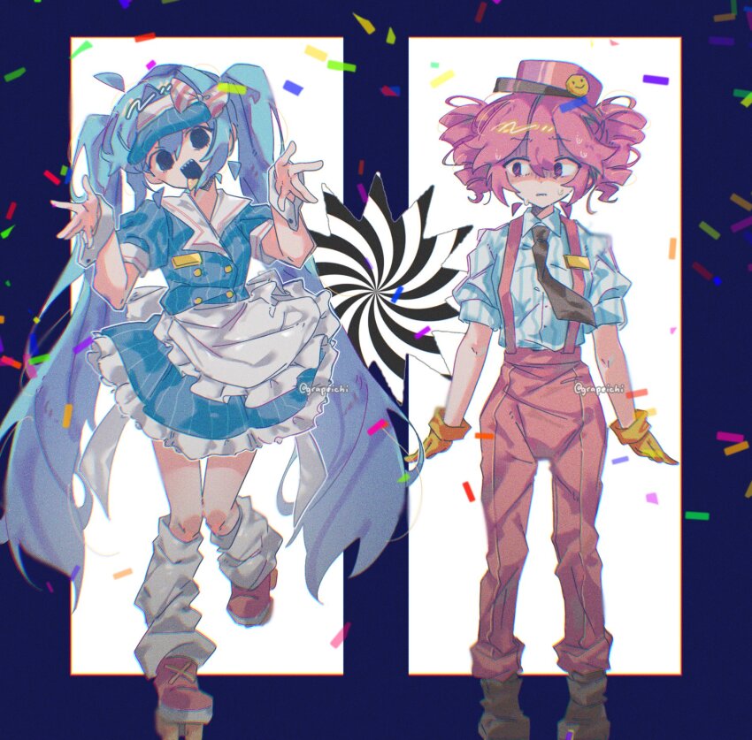 alternate_costume, apron, arms_at_sides, black_eyes, black_necktie, black_shoes, blue_background, blue_dress