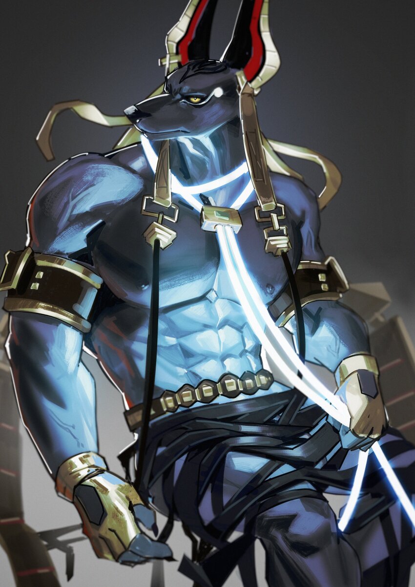 1boy, abs, absurdres, animal_ears, bara, black_sclera, chinese_commentary, claws, closed_mouth, colored_sclera, commentary_request, dislyte, drew_(anubis)_(dislyte), drew_(meta_anubis)_(dislyte), fingerless_gloves, furry, furry_male, gloves, grey_background, highres, jackal_boy, jackal_ears, looking_to_the_side, male_focus, muscular, muscular_male, nipples, pectorals, toothlee, topless_male, yellow_eyes