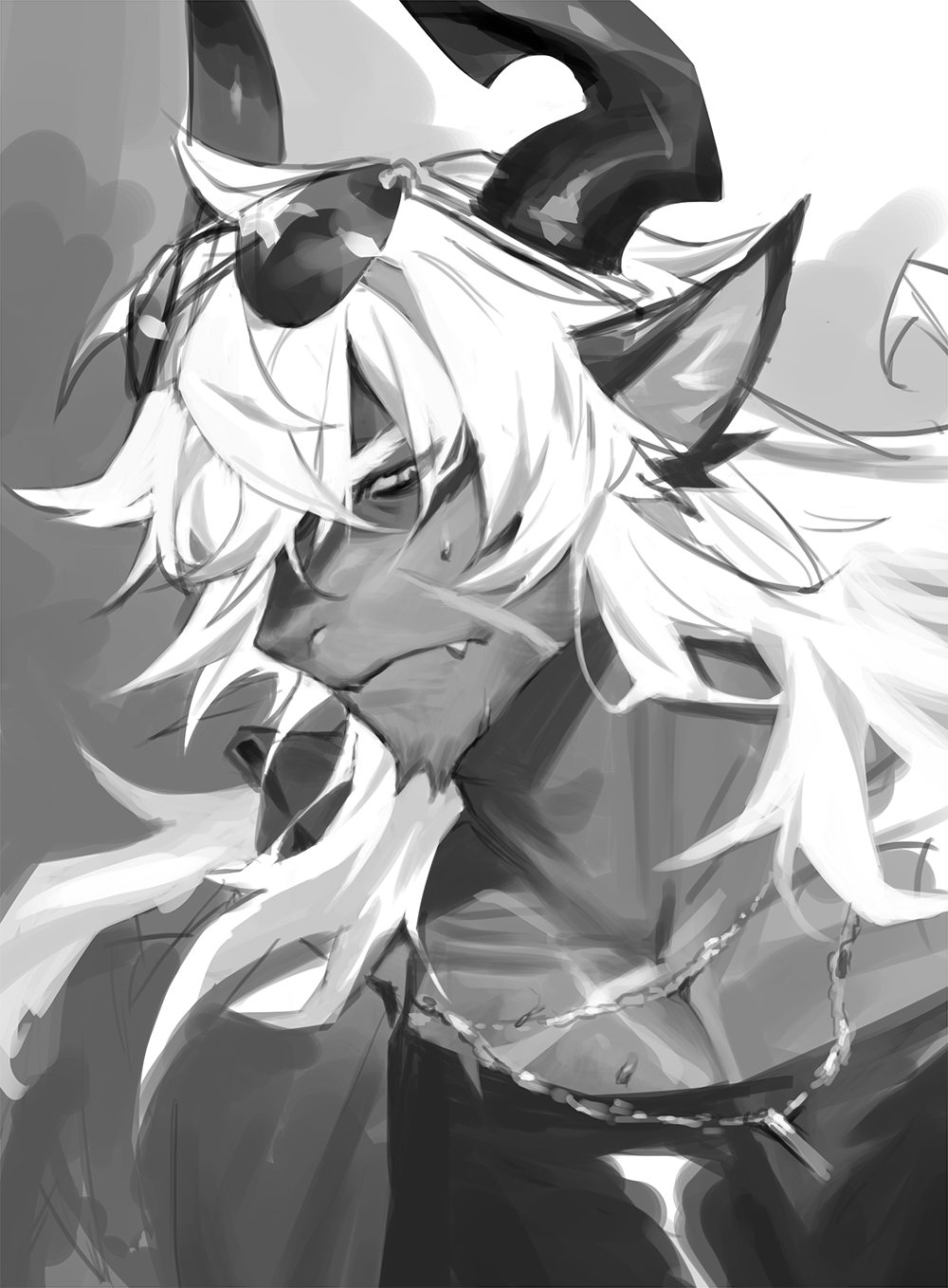 1boy, alchemy_stars, animal_ears, closed_mouth, commentary_request, eyewear_on_head, fang, fang_out, furry, furry_male, greyscale, highres, horns, istvan_(alchemy_stars), istvan_(roadside_celebrity)_(alchemy_stars), kebabu_01, male_focus, monochrome, official_alternate_costume, profile, sunglasses, sweatdrop, upper_body