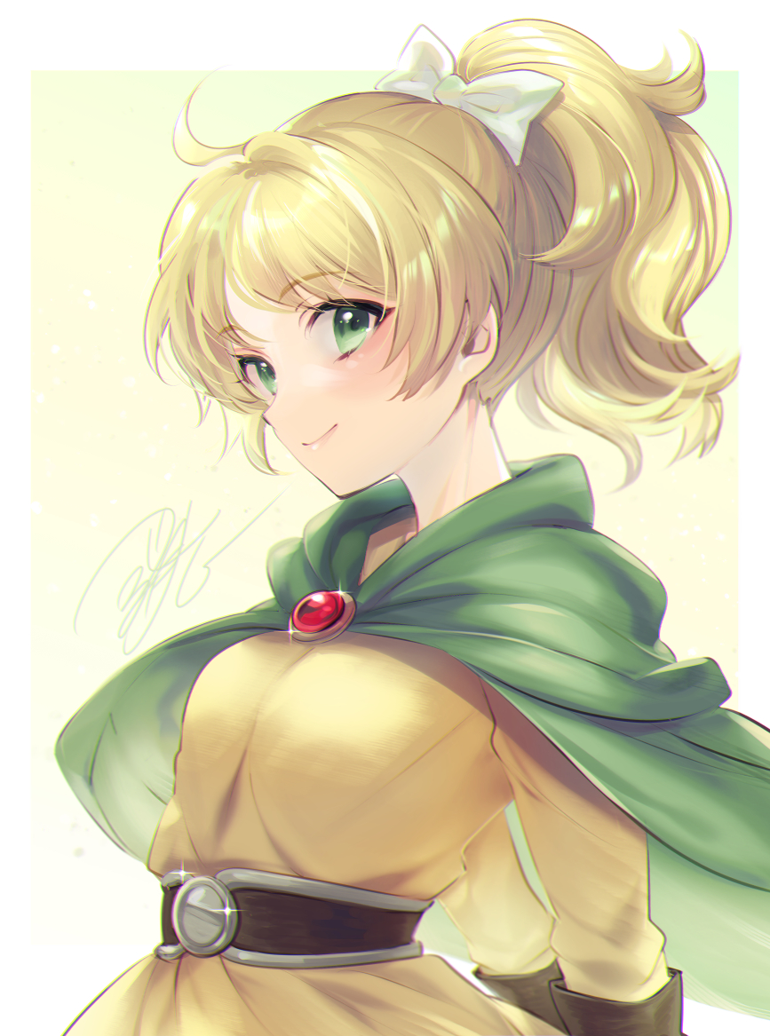 1girl, arms_behind_back, belt, blonde_hair, border, bow, brown_gloves, cape