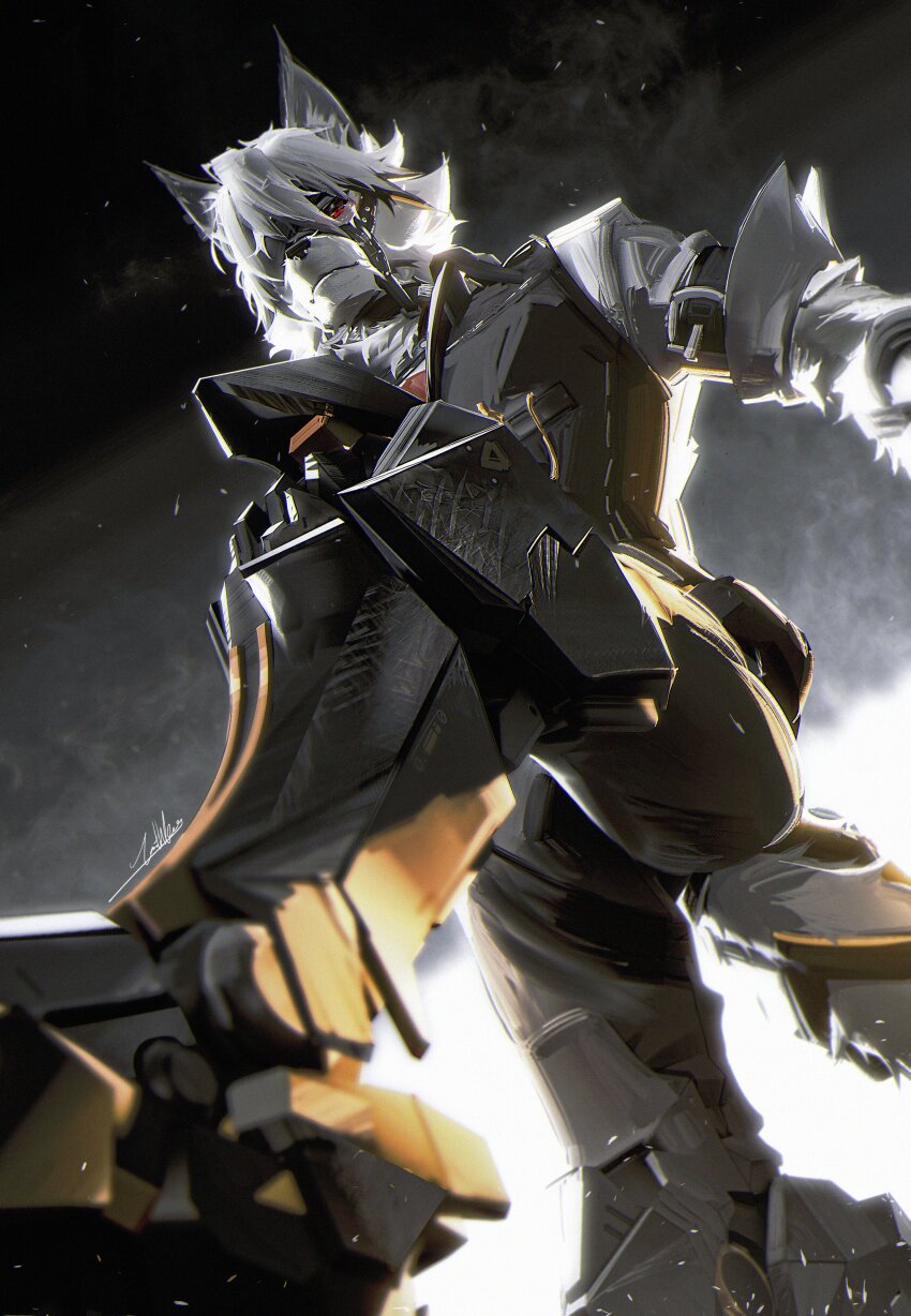 1boy, absurdres, animal_ears, bicep_strap, chinese_commentary, closed_mouth, colored_tips, commentary_request