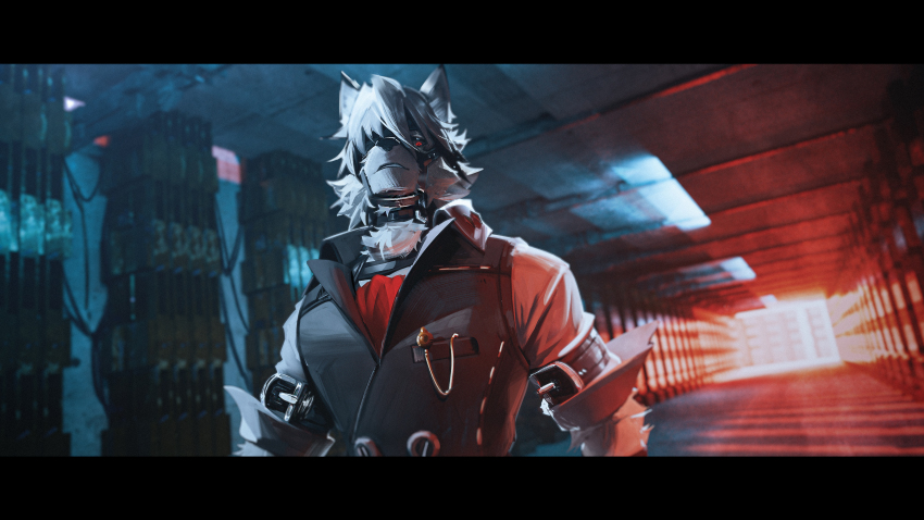 1boy, absurdres, animal_ears, ascot, bicep_strap, chinese_commentary, colored_tips, commentary_request, eyepatch, furry, furry_male, grey_vest, highres, looking_at_viewer, male_focus, multicolored_hair, one_eye_covered, red_ascot, red_eyes, shirt, toothlee, vest, von_lycaon, white_shirt, wolf_boy, wolf_ears, zenless_zone_zero