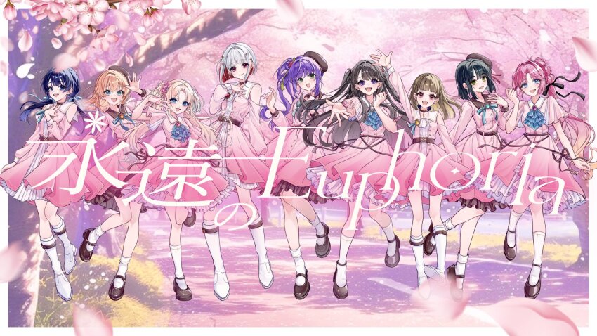 6+girls, \||/, anyoji_hime, arm_up, ascot, bare_shoulders, beret, black_hair