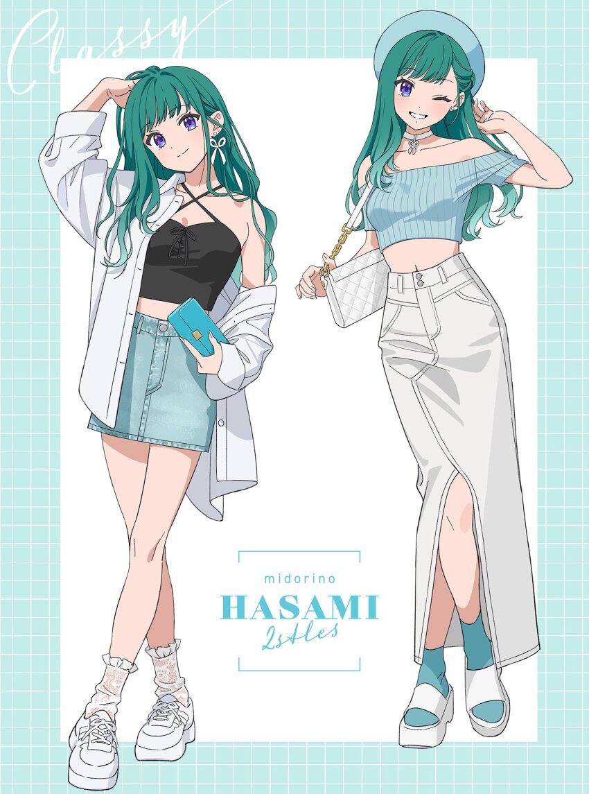 1girl, ;), ankle_socks, bag, bare_shoulders, beret, blue_border, blue_hat