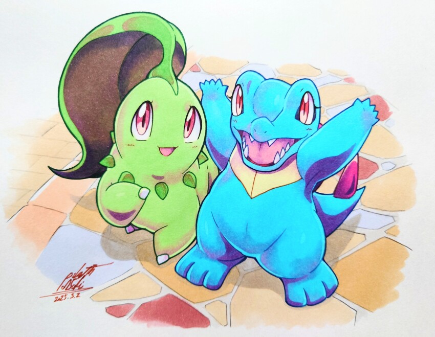 025aki, absurdres, blue_skin, chikorita, colored_skin, gen_2_pokemon, green_skin, highres