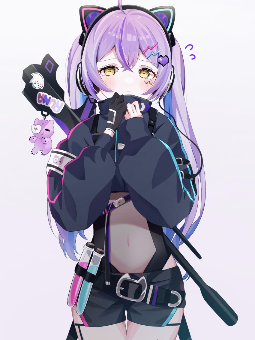 1girl, absurdres, ahoge, animal_ear_headphones, animal_ears, armband, black_shorts, cat_ear_headphones