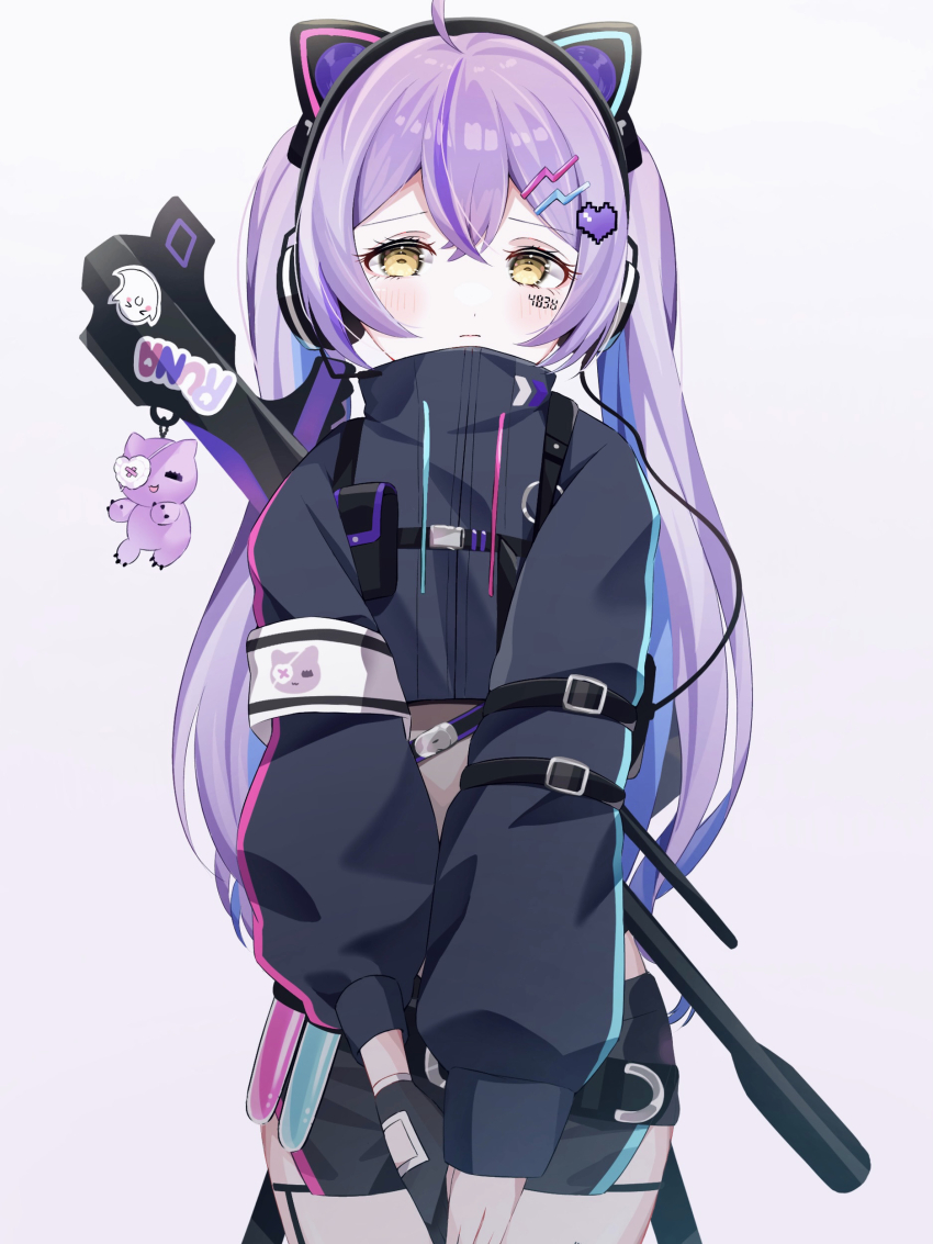 1girl, absurdres, ahoge, animal_ear_headphones, animal_ears, armband, black_shorts, cat_ear_headphones