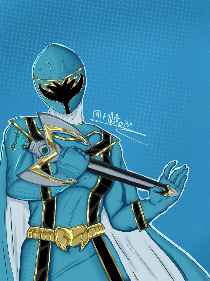 1girl, belt, belt_buckle, blue_background, blue_bodysuit, blue_cape, blue_gloves, blue_helmet