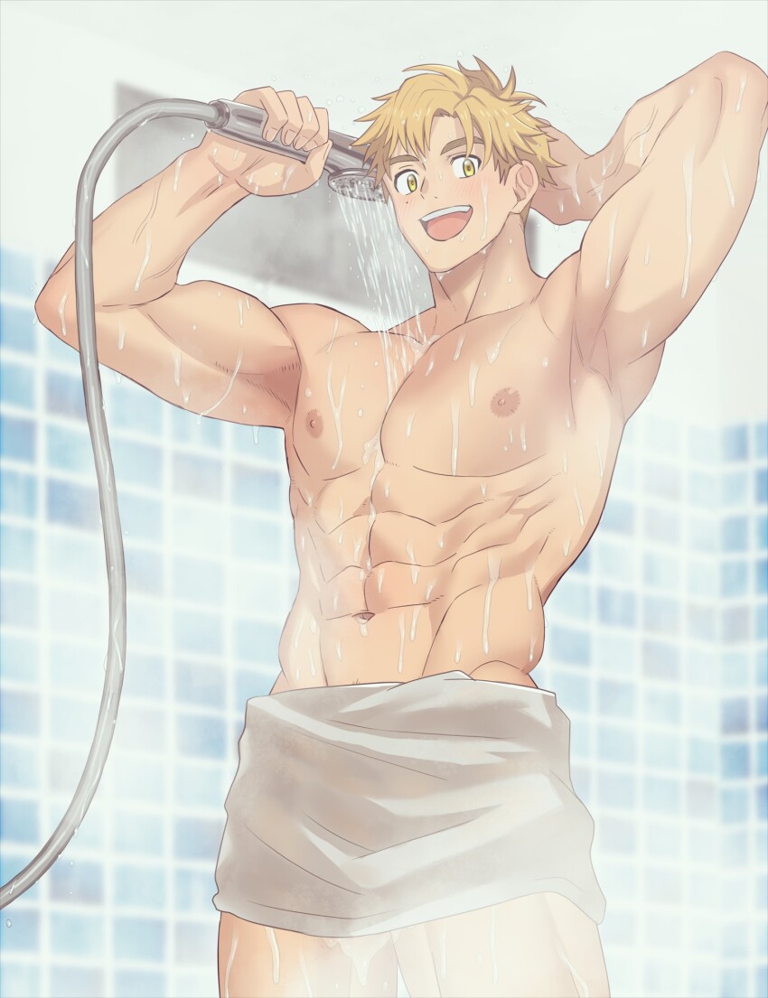 1boy, abs, akeuraji_tsukasa, amainu, armpits, bara, bathing, blonde_hair