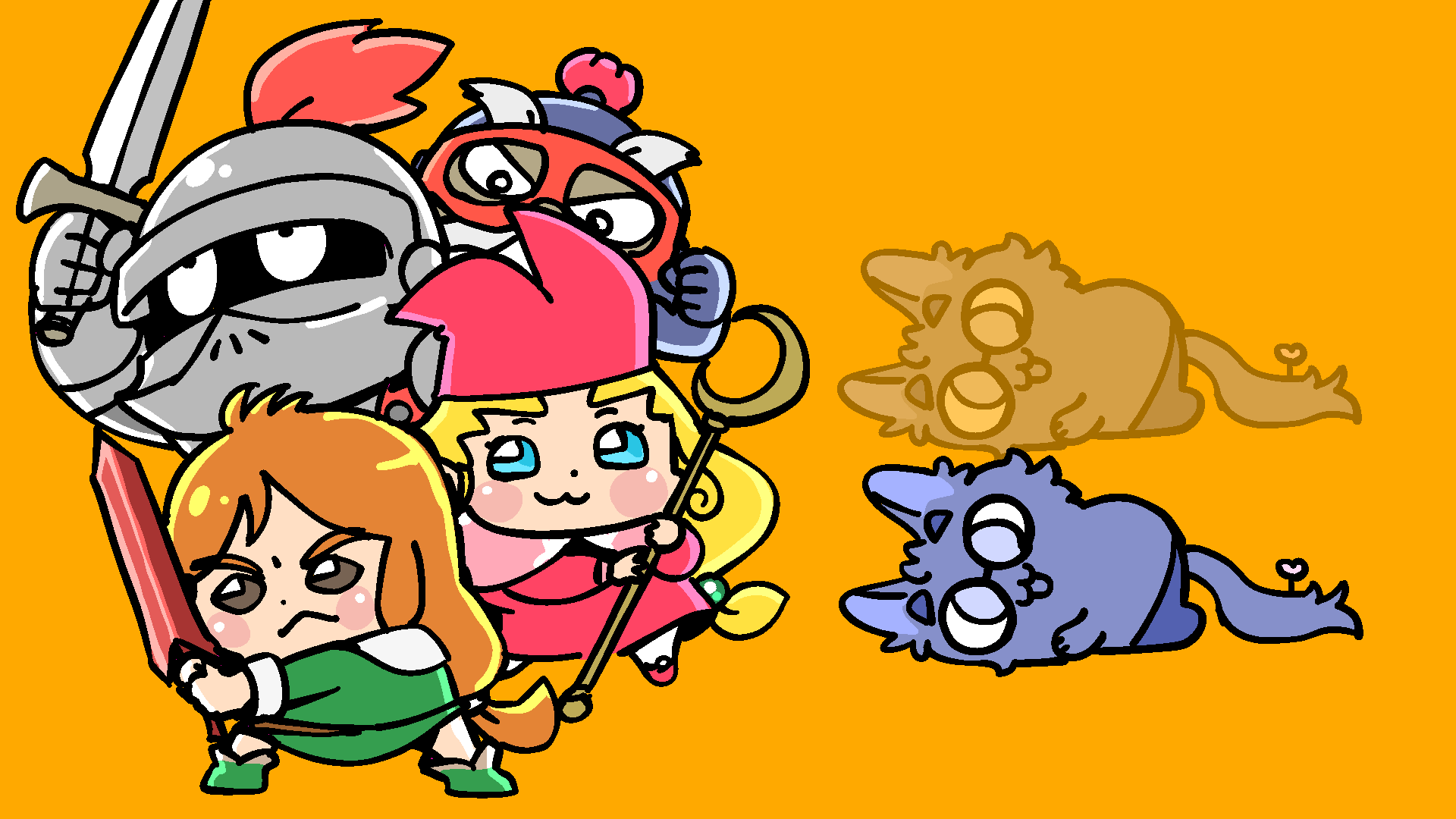 1girl, 4boys, :3, armor, bad_id, bad_twitter_id, beard, bkub