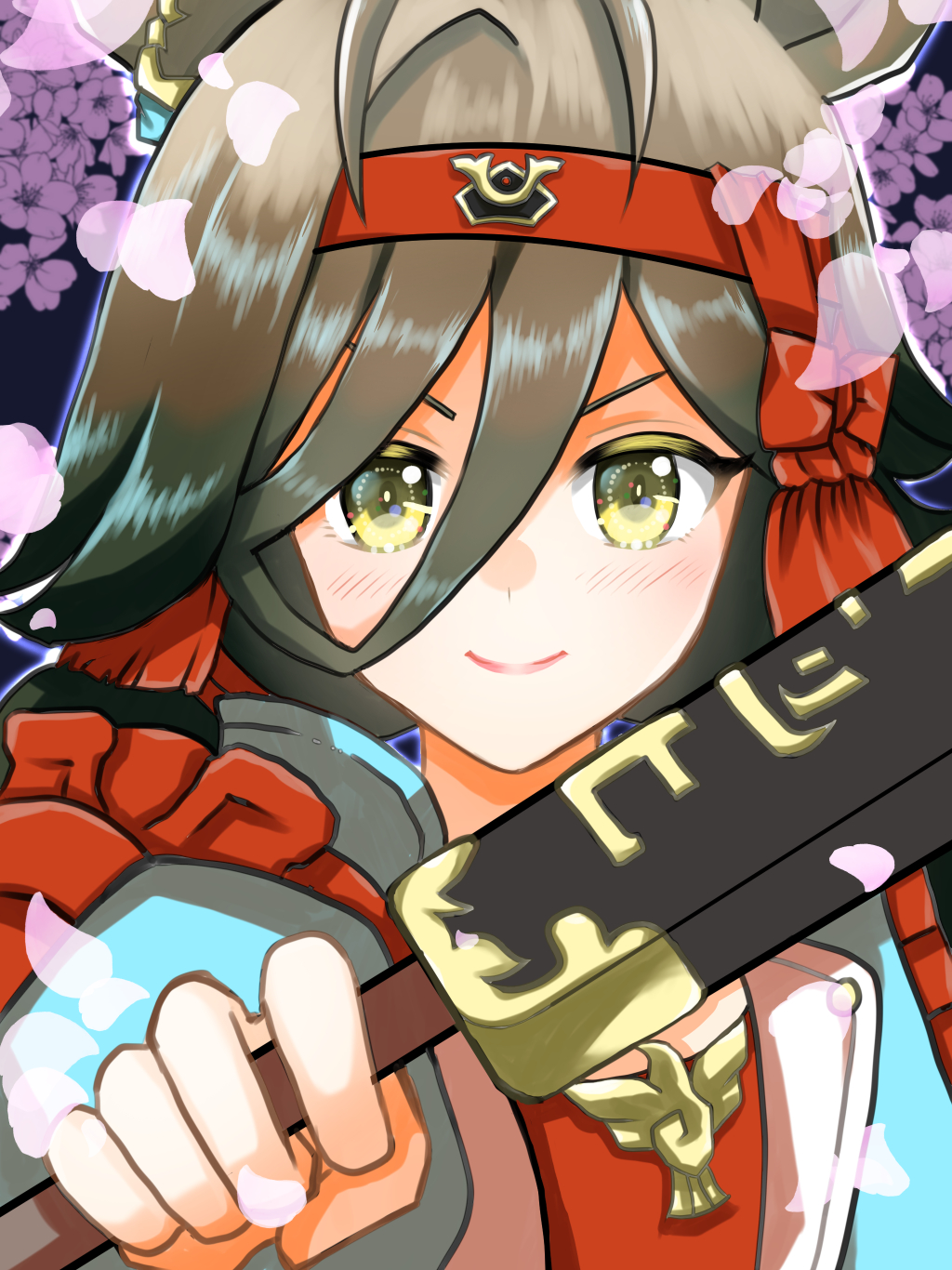 1girl, animal_ears, antenna_hair, armor, blush, brown_hair, cherry_blossoms, closed_mouth