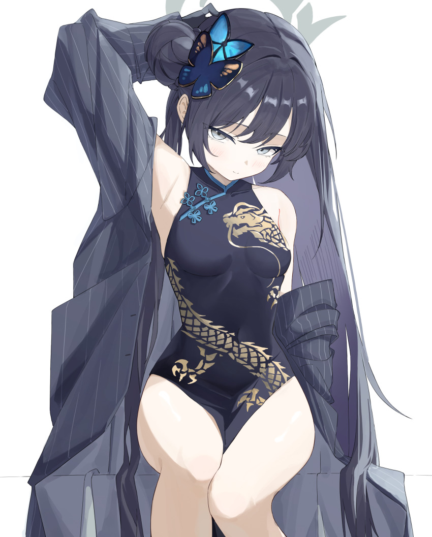 1girl, absurdres, alternate_hairstyle, arm_behind_head, arm_up, armpits, bare_shoulders, black_coat