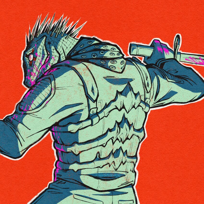 1boy, animal_head, blood, blood_on_face, blood_on_hands, caiman_(dorohedoro), csmbtc, dorohedoro