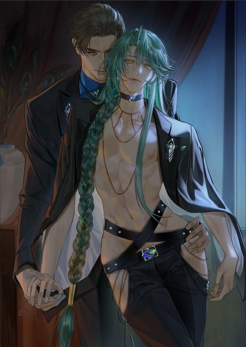 2boys, belt, black_belt, black_choker, black_hair, black_jacket, black_pants, black_suit, blue_shirt, braid, choker, closed_mouth, clothing_cutout, code:_kite, collared_shirt, cowboy_shot, cross, cross_earrings, curtained_hair, curtains, suit_pants, earrings, fingernails, formal_clothes, front-to-back, glint, green_eyes, hair_between_eyes, hair_slicked_back, hair_tubes, hand_on_another's_hip, hashtag-only_commentary, highres, hip_bones, hip_vent, holding_hands, indoors, jacket, jacket_on_shoulders, jewelry, lapel_pin, lips, long_hair, long_sleeves, looking_at_viewer, male_focus, multiple_boys, necklace, night, nipples, no_shirt, pants, shirt, side_braid, single_hair_tube, smile, suit, suit_jacket, toned, toned_male, upturned_eyes, vase, very_long_hair, wallet_chain, weijiujun, wen_chou_(code:_kite), wide_hips, window, yan_liang_(code:_kite), yaoi, yellow_eyes