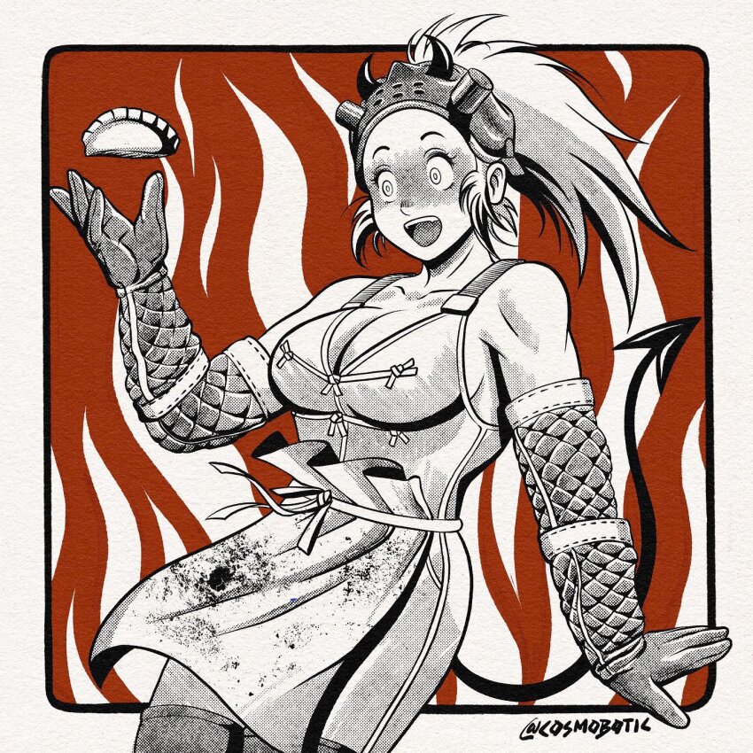 1girl, apron, blood, blood_on_clothes, breasts, collarbone, commentary, csmbtc, demon_tail, dorohedoro, dress, dumpling, elbow_gloves, english_commentary, fire, floating_food, food, gauntlets, gloves, highres, jiaozi, large_breasts, long_hair, monochrome, nikaidou_(dorohedoro), open_mouth, solo, tail, toned, toned_female