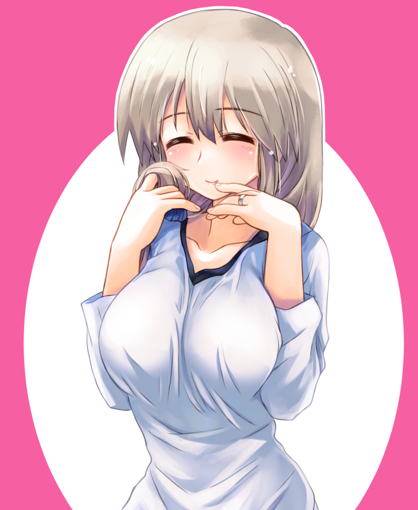 1girl, blush, breasts, closed_eyes, dress_shirt, grey_hair, hair_ornament, hair_scrunchie, hands_up, highres, jewelry, large_breasts, long_hair, long_sleeves, low_ponytail, mature_female, nyaou_(round_facer), ponytail, ring, scrunchie, shirt, simple_background, smile, solo, uzaki-chan_wa_asobitai!, uzaki_tsuki, wedding_ring, white_shirt