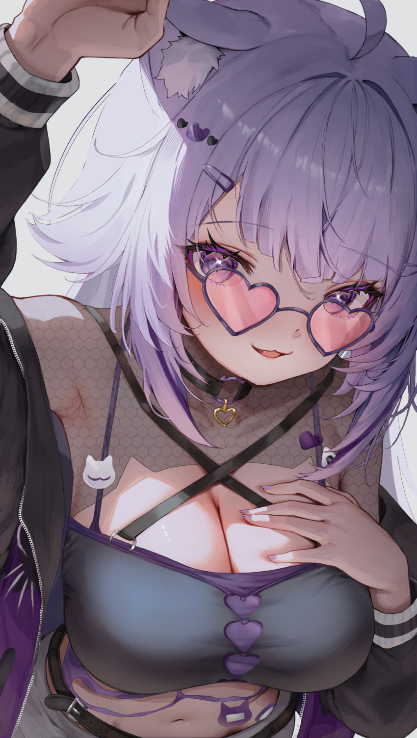 1girl, absurdres, ahoge, animal_ear_fluff, animal_ears, black_choker, black_shirt, breasts