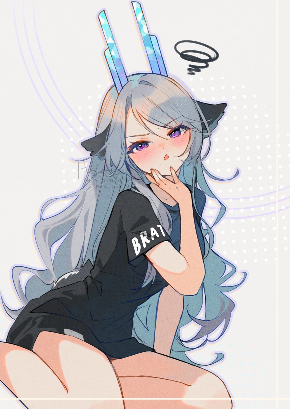 1girl, animal_ears, annoyed, antennae, bare_arms, bare_legs, bird_ears, black_shirt, black_shorts, blush, clothes_writing, collarbone, commentary, dot_nose, english_commentary, eyelashes, feet_out_of_frame, furrowed_brow, grey_background, grey_hair, hair_between_eyes, halftone, halftone_background, hand_on_own_chin, highres, hyanna-natsu, kneeling, long_hair, melody_(a_cute_doe), open_mouth, original, outline, purple_eyes, purple_outline, shirt, short_shorts, short_sleeves, shorts, signature, solo, t-shirt, very_long_hair, wavy_hair
