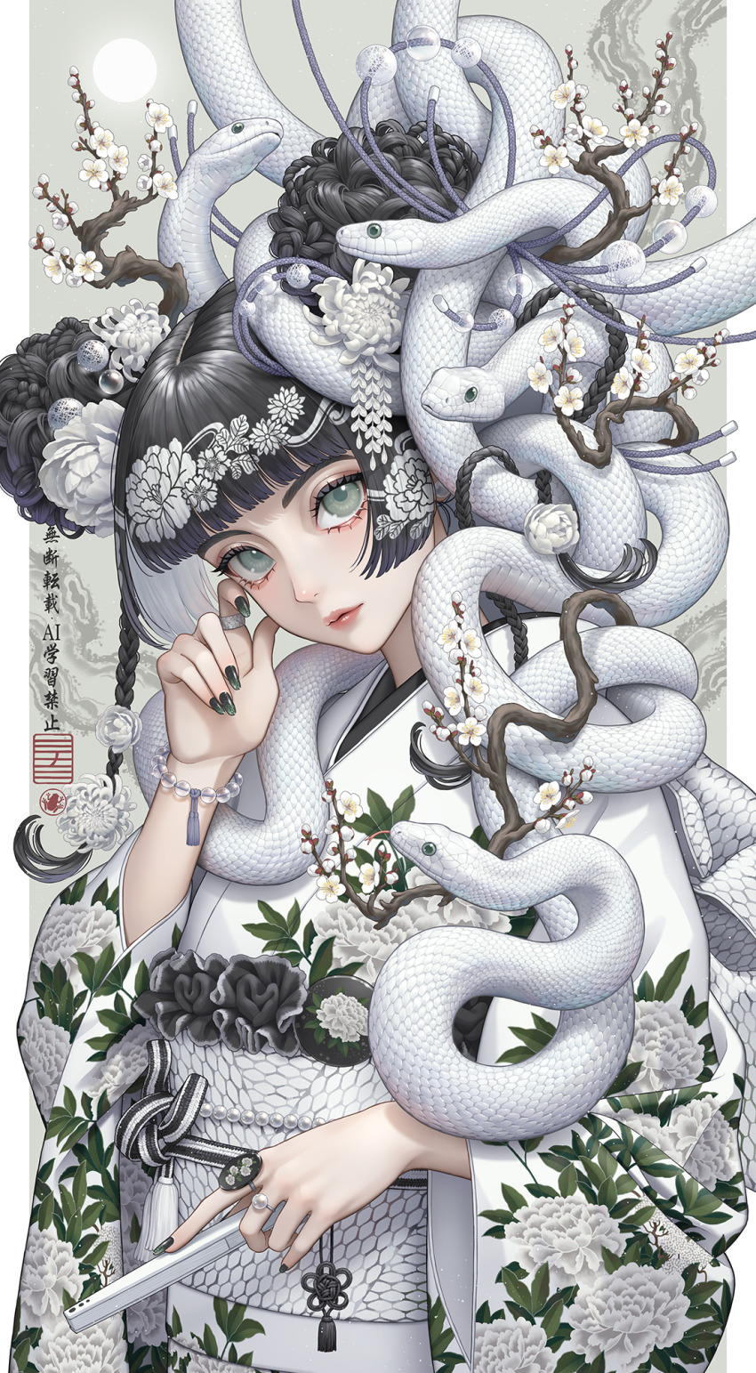 1girl, animal, animal_on_head, animal_on_shoulder, bead_bracelet, beads, black_hair, blunt_bangs