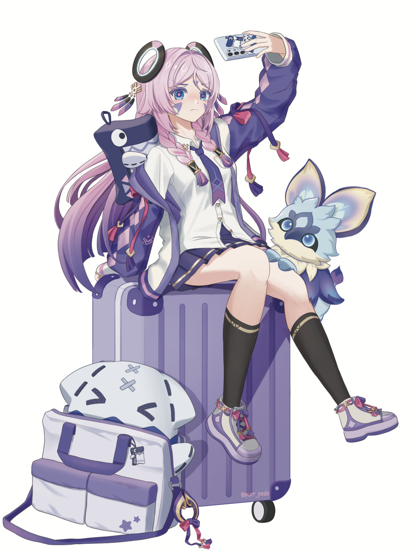 1girl, absurdres, bag, black_socks, blue_eyes, braid, braided_sidelocks, cellphone