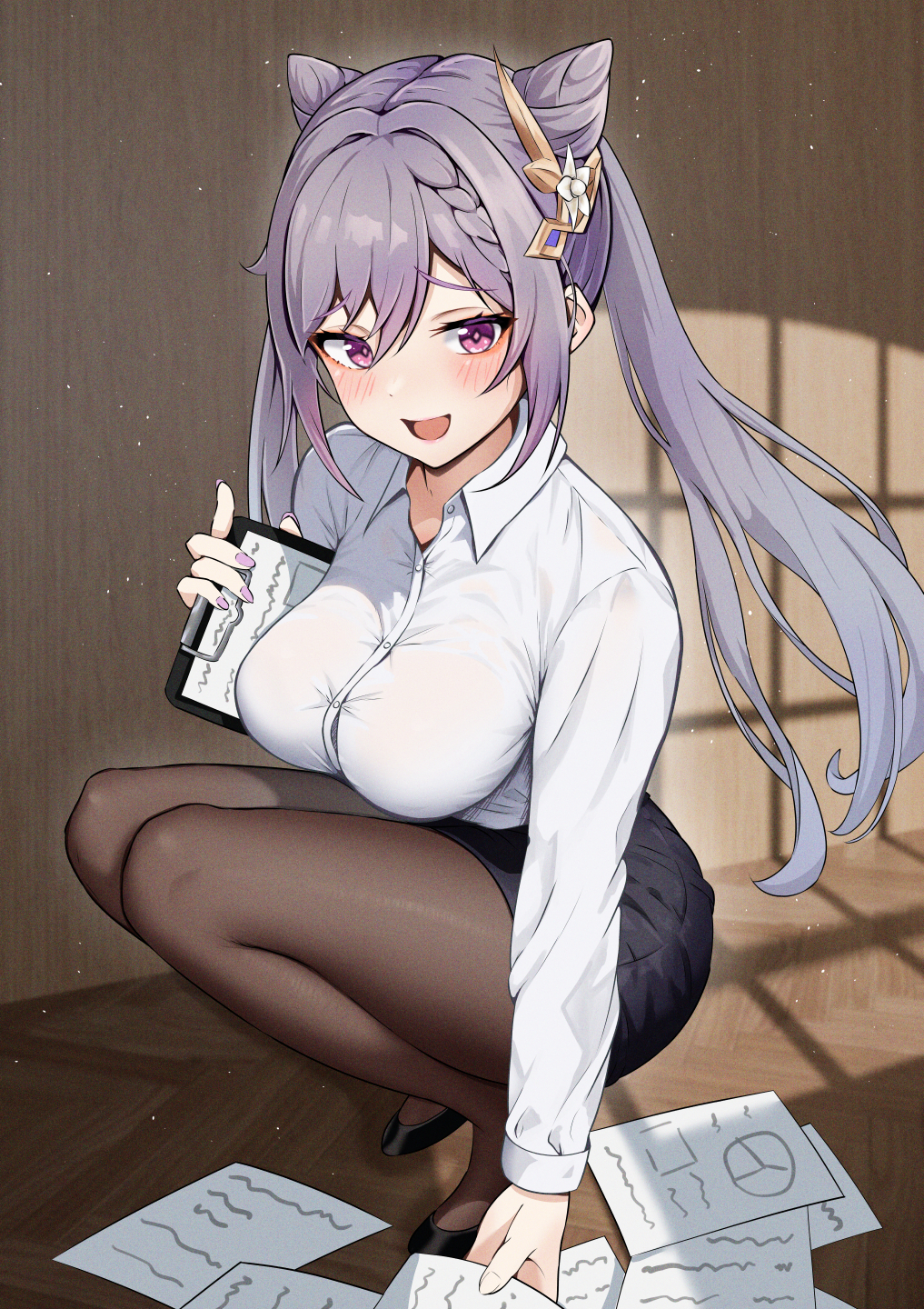 1girl, black_pantyhose, black_skirt, blush, breasts, clipboard, cone_hair_bun, diamond-shaped_pupils