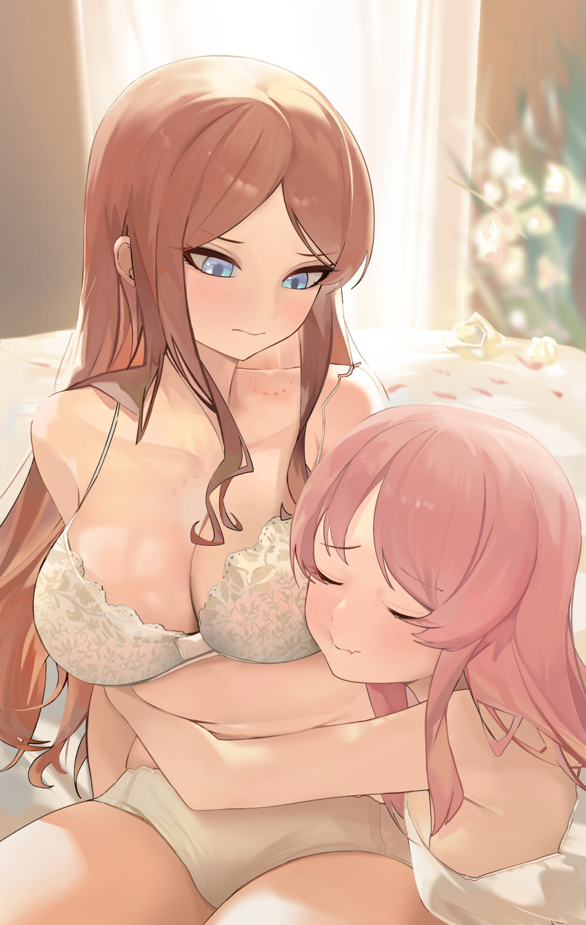 2girls, absurdres, arms_at_sides, bang_dream!, bang_dream!_it's_mygo!!!!!, bare_arms, bare_shoulders, bed, bite_mark, bite_mark_on_breast, bite_mark_on_shoulder, blurry, blurry_background, blush, bra, breasts, brown_hair, camisole, cheek-to-breast, chihaya_anon, choe69696969, cleavage, closed_eyes, closed_mouth, collarbone, cowboy_shot, day, fang, floral_print, flower, highres, hug, indoors, large_breasts, long_hair, looking_at_another, looking_down, medium_breasts, multiple_girls, nagasaki_soyo, on_bed, panties, parted_bangs, pink_hair, print_bra, raised_eyebrows, sideboob, sidelocks, sitting, skin_fang, smile, strap_slip, underwear, underwear_only, waist_hug, white_bra, white_camisole, white_flower, white_panties, yuri