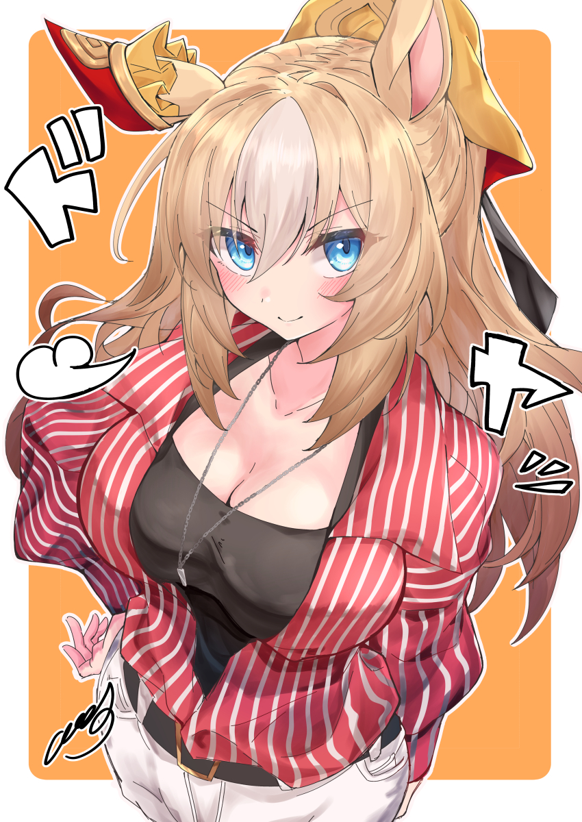 1girl, absurdres, amaxa, animal_ears, belt, black_belt, black_shirt, blonde_hair