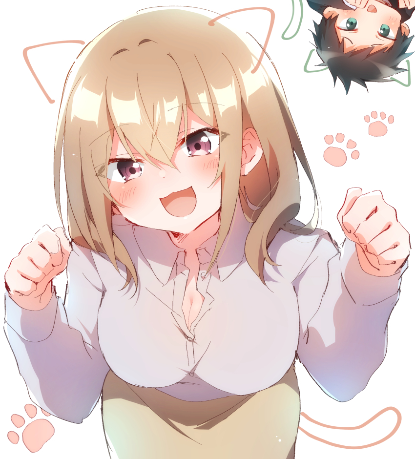 1boy, 1girl, absurdres, animal_ears, black_hair, blush, breasts, brown_hair