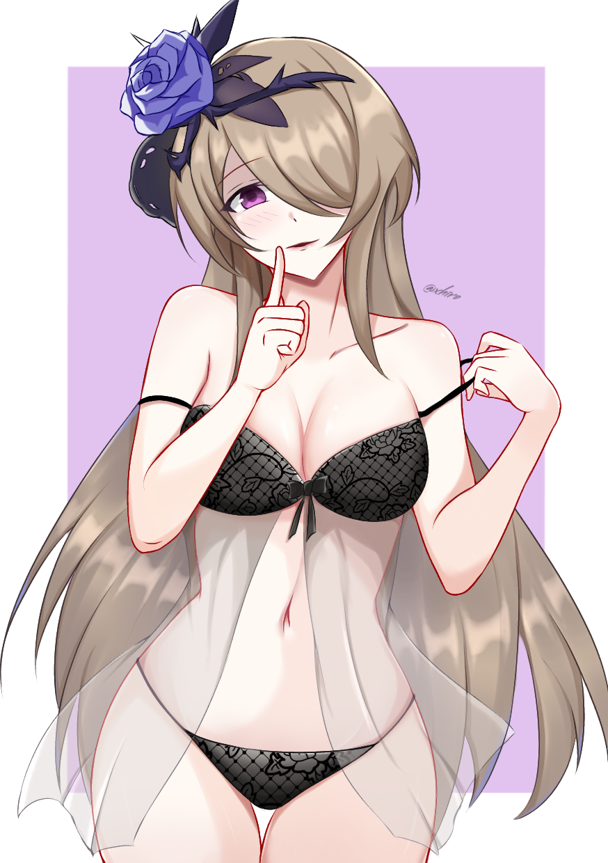1girl, babydoll, black_bra, black_panties, border, bra, breasts, brown_hair, cleavage, collarbone, commentary_request, cowboy_shot, flower, hair_flower, hair_ornament, hair_over_one_eye, highres, honkai_(series), honkai_impact_3rd, large_breasts, long_hair, navel, panties, parted_lips, purple_background, purple_eyes, purple_flower, purple_rose, rita_rossweisse, rita_rossweisse_(fallen_rosemary), rose, see-through_babydoll, see-through_clothes, solo, stomach, thighs, twitter_username, underwear, very_long_hair, white_border, xhiro