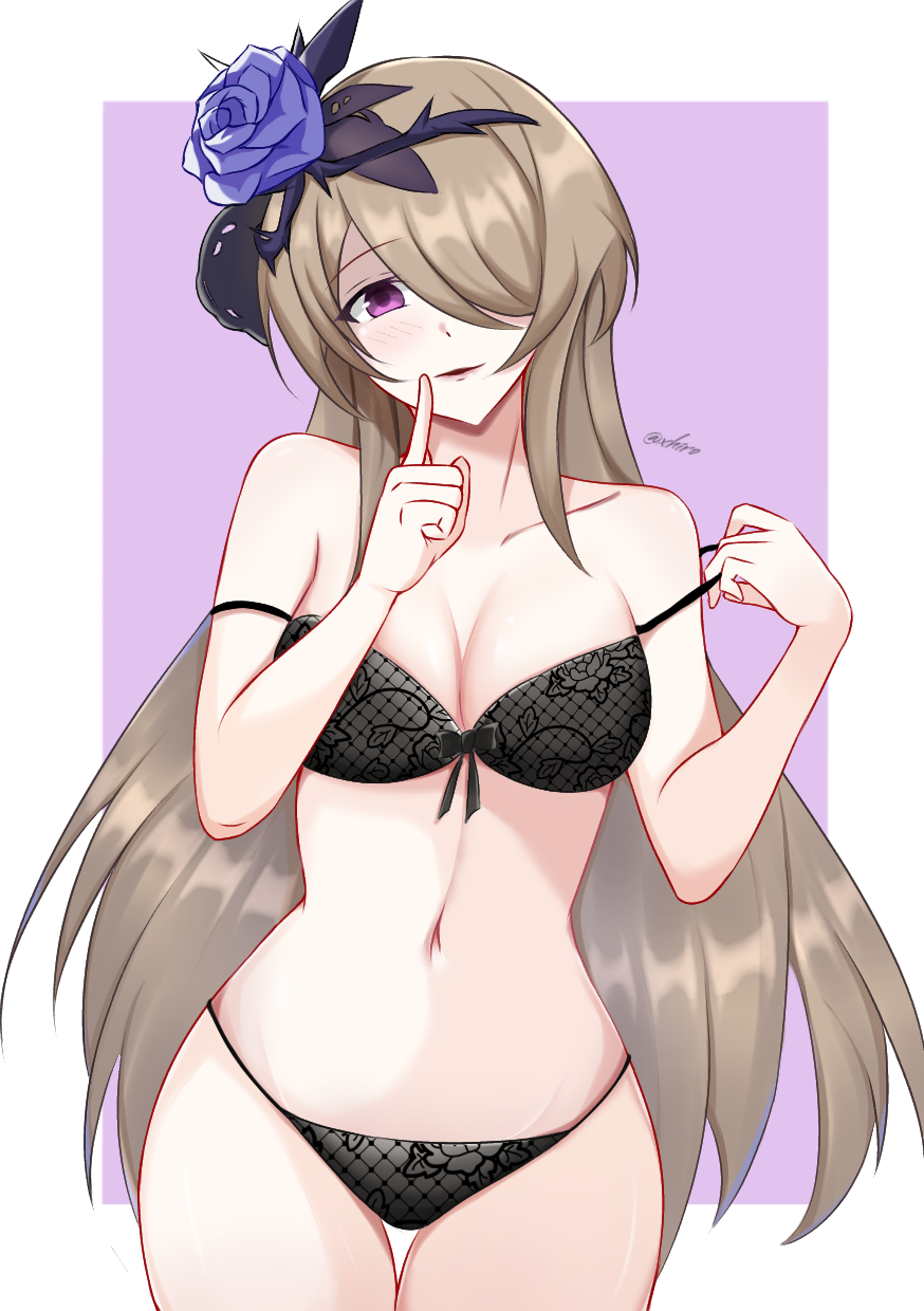1girl, black_bra, black_panties, border, bra, breasts, brown_hair, cleavage, collarbone, commentary_request, cowboy_shot, flower, hair_flower, hair_ornament, hair_over_one_eye, highres, honkai_(series), honkai_impact_3rd, large_breasts, long_hair, navel, panties, parted_lips, purple_background, purple_eyes, purple_flower, purple_rose, rita_rossweisse, rita_rossweisse_(fallen_rosemary), rose, solo, stomach, thighs, twitter_username, underwear, very_long_hair, white_border, xhiro