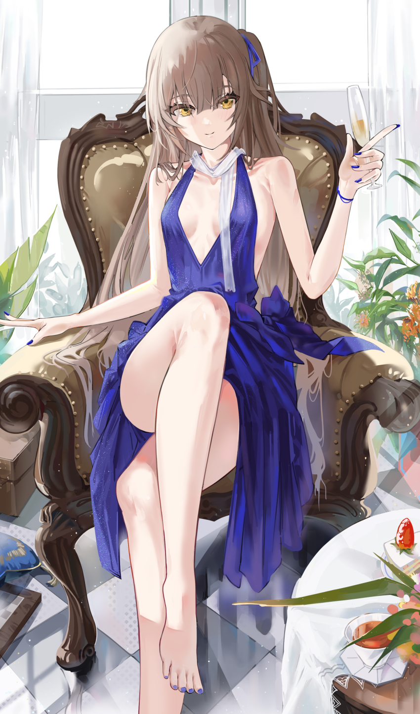 1girl, absurdres, armchair, barefoot, breasts, chair, champagne_flute, crossed_legs