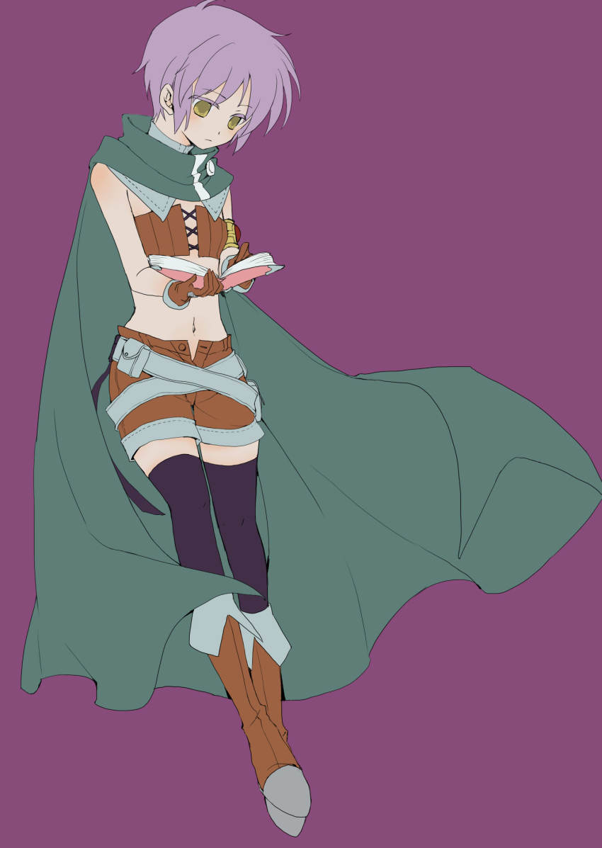 1girl, armlet, bad_id, bad_pixiv_id, belt, belt_skirt, book, cape, female_focus, highres, jewelry, nagato_yuki, purple_hair, rei_(rsoujou), short_hair, solo, suzumiya_haruhi_no_tomadoi, suzumiya_haruhi_no_yuuutsu, thief_nagato, thighhighs, yellow_eyes