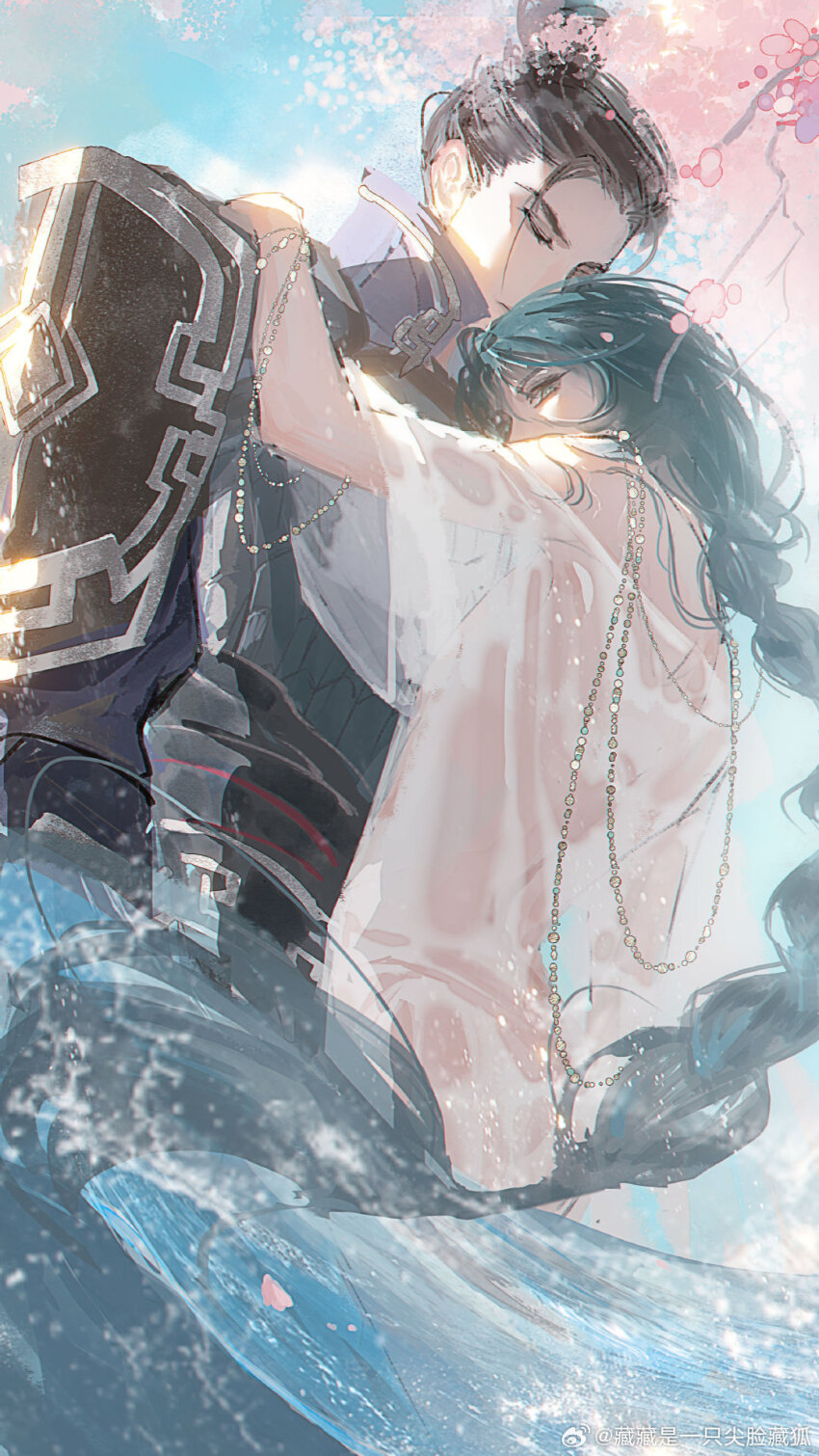 2boys, armor, black_hair, black_sash, blue_hair, blue_sky, braid, chinese_commentary