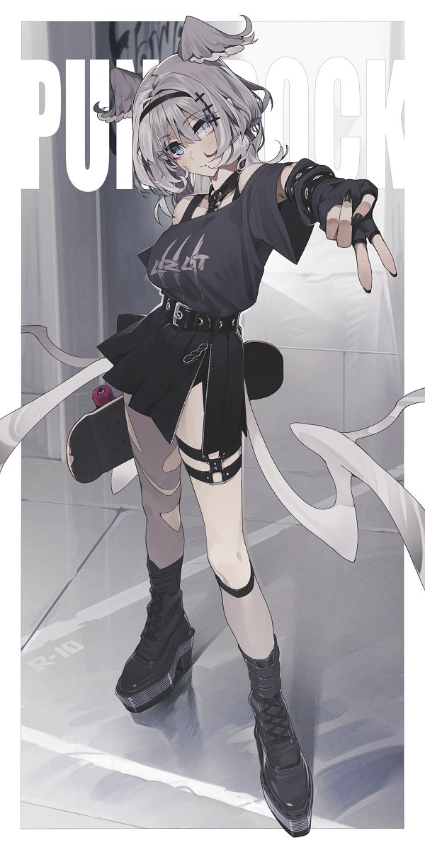 1girl, aqua_eyes, belt, black_hairband, black_skirt, blush, breasts, elira_pendora