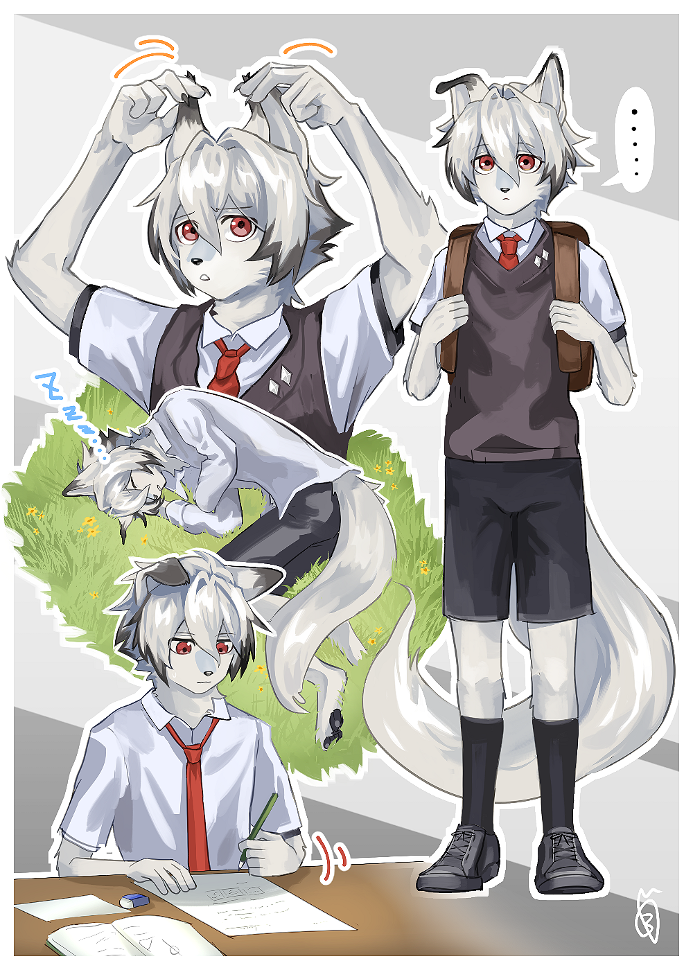 1boy, aged_down, backpack, bag, black_shorts, black_socks, body_fur, bowchanrou_(b0tar0)