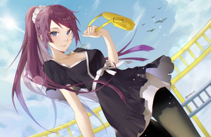 1girl, absurdres, bag, bakemonogatari, black_dress, black_pantyhose, blue_eyes, blue_sky
