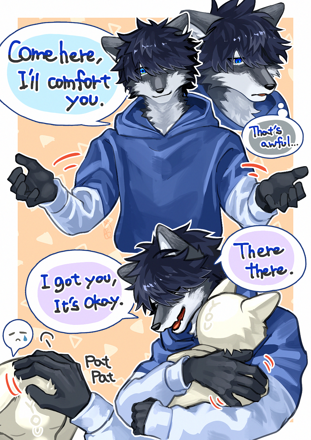 1boy, 1other, black_fur, blue_eyes, blue_hair, blue_hoodie, body_fur, bowchanrou_(b0tar0)