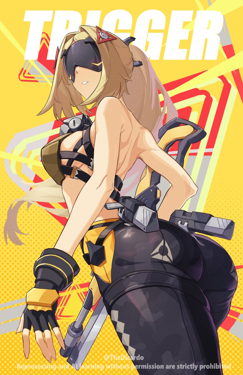 1girl, absurdres, ass, bare_back, black_gloves, black_pants, blindfold_mask, blonde_hair, camouflage, camouflage_pants, character_name, covered_eyes, facing_ahead, fingerless_gloves, from_below, gloves, gun, gunblade, highres, holding, holding_gun, holding_weapon, long_hair, mask, median_furrow, pants, parted_lips, ponytail, rifle, sniper_rifle, solo, thedicardo, tight_clothes, tight_pants, trigger_(zenless_zone_zero), turning_head, twitter_username, weapon, yellow_background, zenless_zone_zero