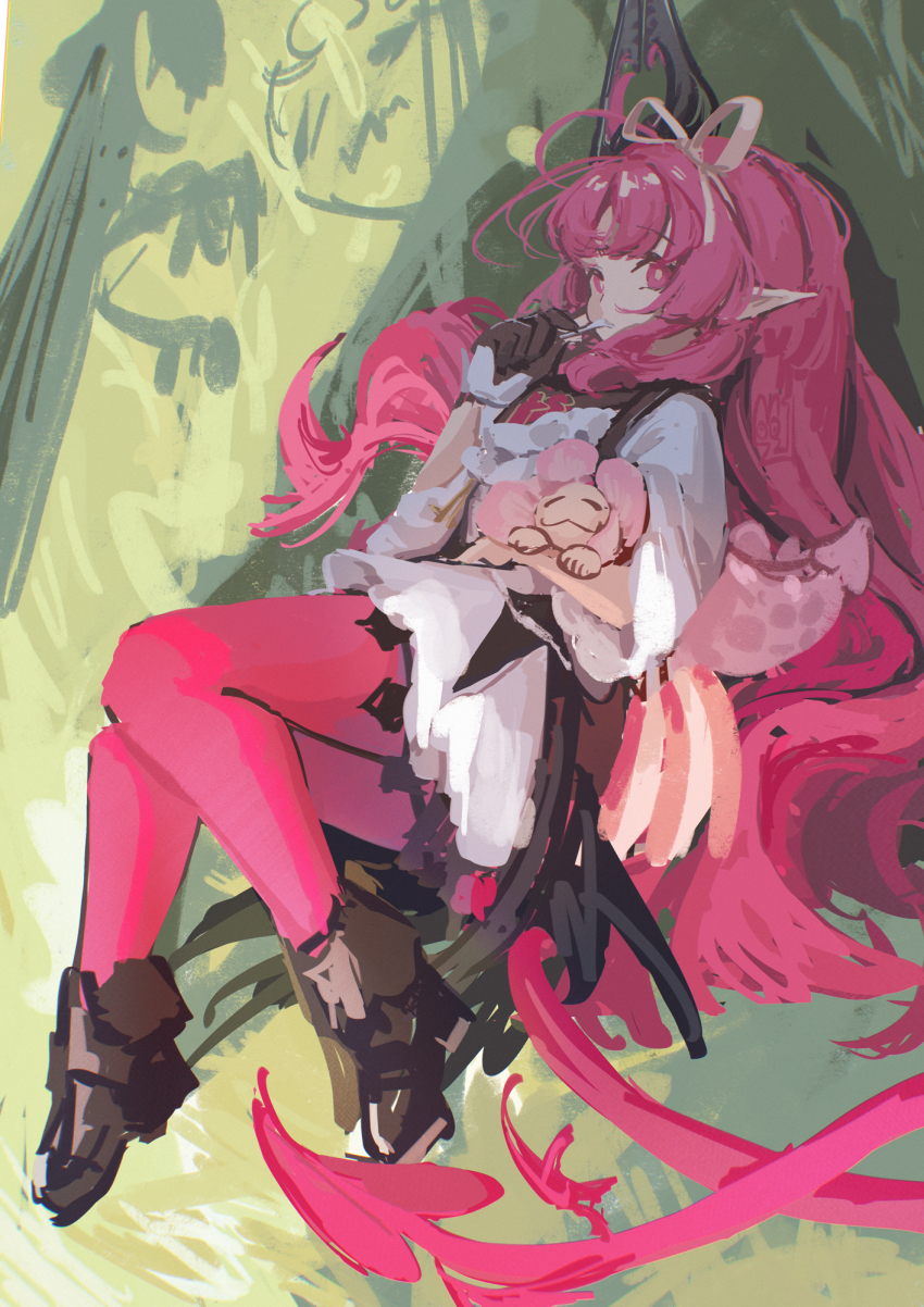 1girl, ankle_boots, arknights, black_boots, black_gloves, boots, bright_pupils, chack520