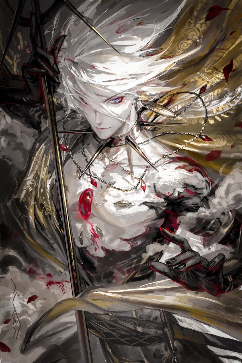 1boy, absurdres, bishounen, black_nails, blue_eyes, chest_jewel, choker, dark-skinned_male, dark_skin, earrings, egawa_akira, eyeshadow, eyeshadow_under_eye, fate/grand_order, fate_(series), hair_between_eyes, highres, holding, holding_polearm, holding_weapon, jewelry, karna_(fate), kavacha_(fate), kundala_(fate), looking_at_viewer, makeup, male_focus, pale_skin, polearm, red_eyeshadow, short_hair, smile, solo, spiked_choker, spikes, upper_body, vasavi_shakti_(fate), weapon, white_hair