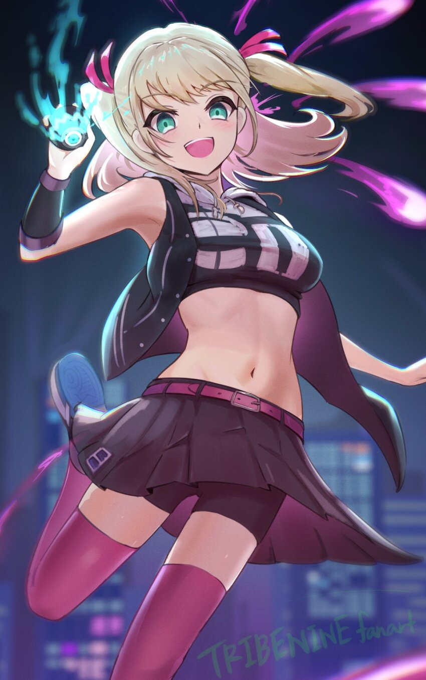 1girl, :d, aqua_eyes, arm_up, arm_warmers, armpits, ball, bare_shoulders