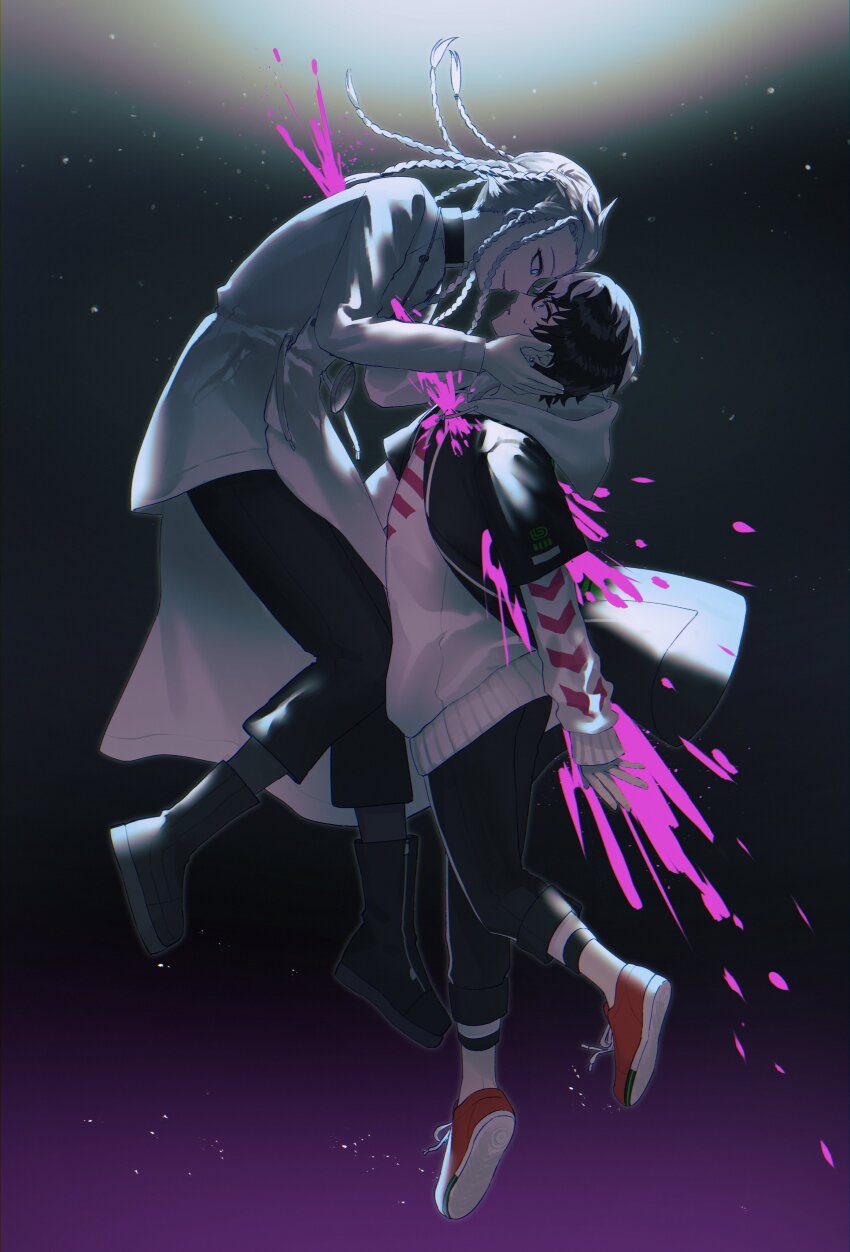 2boys, absurdres, black_boots, black_hair, black_jacket, black_pants, blood, blue_eyes