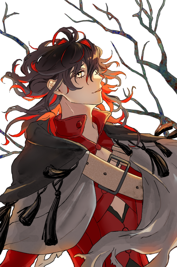 1boy, bare_tree, black_hair, chest_belt, cloak, colored_inner_hair, curly_hair, dante_alighieri_(fate)