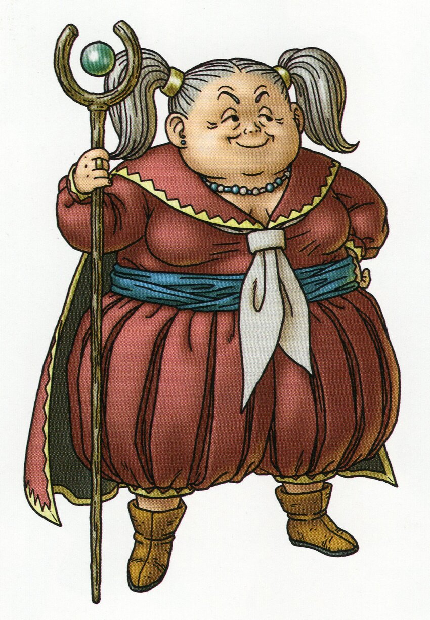 1girl, aba-sama_(dq10), bead_necklace, beads, black_eyes, boots, breasts, brown_boots, cape, cleavage, dragon_quest, dragon_quest_x, earrings, fat, fat_woman, full_body, grey_hair, hair_pulled_back, hair_tubes, hand_on_own_hip, highres, holding, holding_staff, jewelry, jitome, large_breasts, looking_to_the_side, necklace, necktie, official_art, old, old_woman, pants, red_cape, red_pants, red_shirt, ring, sailor_collar, sailor_shirt, scan, shirt, smile, solo, staff, stud_earrings, third-party_source, toriyama_akira, twintails, white_background, white_necktie, yellow_trim