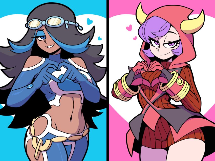2girls, bean52623818, black_hair, blue_eyes, blue_hair, blush, breasts, courtney_(pokemon)