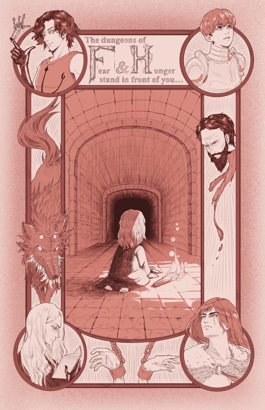 1other, 2girls, 4boys, absurdres, armor, artsyantatee, beard, cahara_(fear_&amp;_hunger)