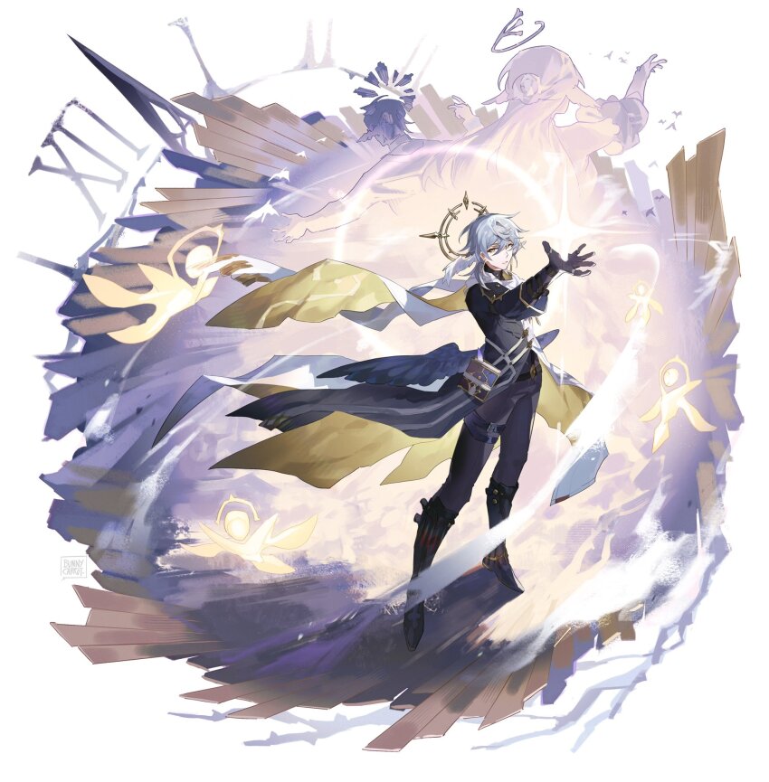 1girl, 2boys, arknights, belt, bird, black_belt, black_boots, black_coat, black_gloves, black_pants, black_shirt, black_wings, blue_hair, book, book_holster, boots, cloud, coat, commentary, earrings, elbow_gloves, english_commentary, feathered_wings, full_body, gloves, gold_earrings, gopher_wood, hair_between_eyes, halo, halo_behind_head, head_wings, highres, holding, holding_star, honkai:_star_rail, honkai_(series), jewelry, knee_boots, logos_(arknights), long_hair, long_sleeves, looking_at_viewer, low_wings, male_focus, medium_hair, milktea543, multicolored_coat, multiple_boys, multiple_rings, outstretched_arm, pants, parody, parted_lips, pose_imitation, ring, robin_(honkai:_star_rail), roman_numeral, scarf, shirt, sideways_glance, silhouette, solo_focus, spiked_halo, spirit, standing, star_(symbol), sunday_(honkai:_star_rail), thigh_strap, three-quarter_sleeves, turtleneck, two-sided_coat, two-sided_fabric, two-tone_coat, white_background, white_coat, white_scarf, white_wings, wings, yellow_coat, yellow_eyes