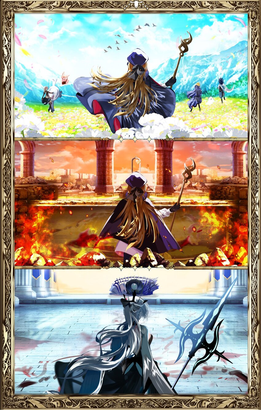 2boys, 4girls, absurdres, aesc_(fate), antinese, bird, black_gloves, blonde_hair