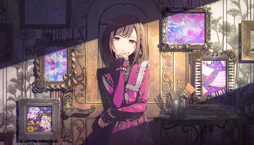 1girl, against_wall, art_brush, black_nails, black_ribbon, bob_cut, bracelet, braid