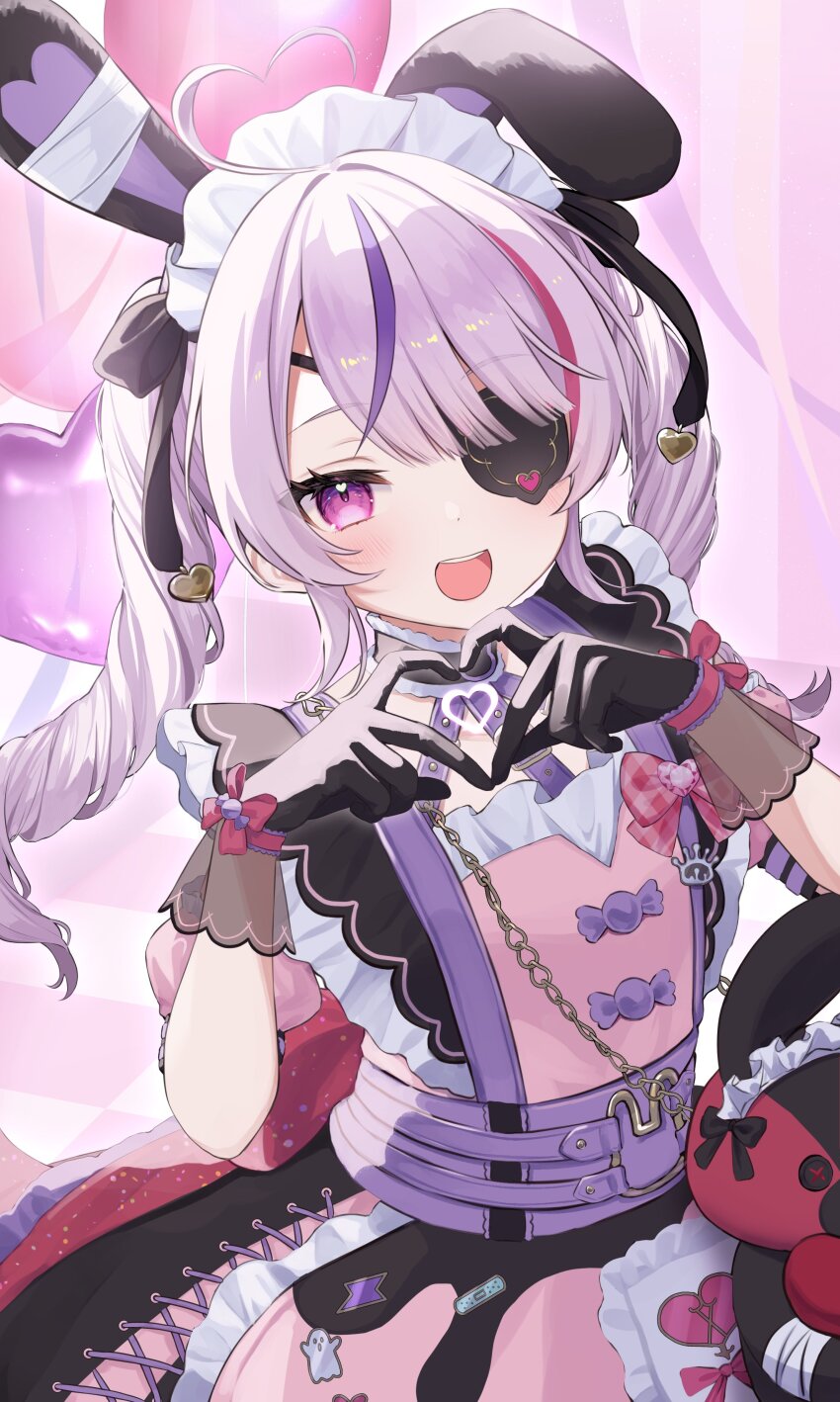 1girl, four-finger_heart_hands, :d, absurdres, ahoge, animal_ears, balloon, black_gloves, commentary, dress, drill_hair, eyepatch, fake_animal_ears, gloves, gomamiso_(gomagoma_bba), heart, heart_ahoge, heart_hands, heart_in_eye, highres, light_blush, long_hair, looking_at_viewer, maid, maid_headdress, maria_marionette, maria_marionette_(maid), multicolored_hair, nijisanji, nijisanji_en, open_mouth, pink_hair, purple_eyes, rabbit_ears, smile, solo, streaked_hair, symbol_in_eye, teeth, twin_drills, twintails, upper_body, upper_teeth_only, virtual_youtuber